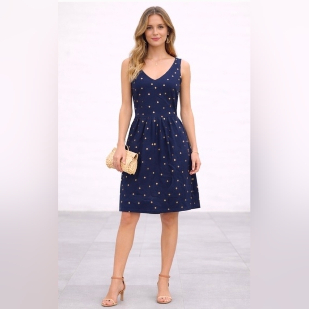 Boden Women's Melinda Jersey Cotton Blend Navy Blue Gold Polka Dot Dress 10 - Picture 1 of 7